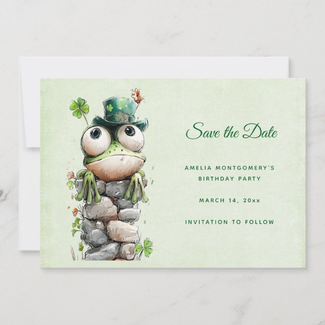 Frosch mit grünem Hut und Kleeblatt Niedlich Save The Date (Vorderseite)