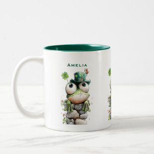 Frosch mit grünem Hut und Kleeblatt süß Zweifarbige Tasse