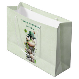 Frosch mit grünem Hut und Kleeblatt zum süßen Gebu Große Geschenktüte