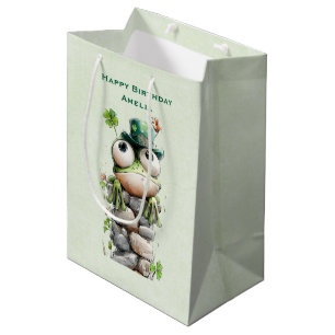 Frosch mit grünem Hut und Kleeblatt zum süßen Gebu Mittlere Geschenktüte