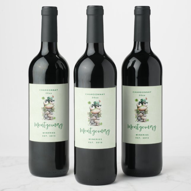 Frosch mit grüner Mütze und Kleeblatt Süßweinherst Weinetikett (Flaschen)