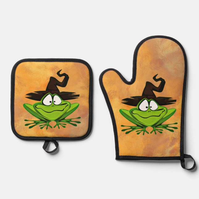 Frosch mit Hexenhut Halloween Ofenhandschuh & Topflappen-Set (Vorderseite)