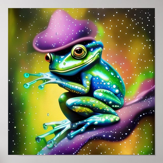 Frosch mit Hut im Regen Poster (Vorne)