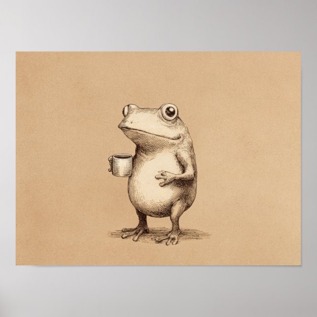Frosch mit Kaffee – Whimsical Vintage-Tier Poster (Vorne)