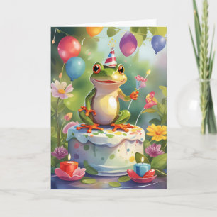 Frosch mit Kuchen, Kerzen und Ballons Karte
