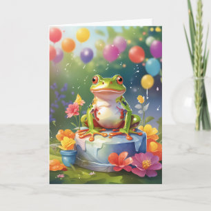Frosch mit Kuchen und Ballons Karte