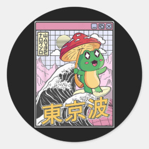 Frosch mit Pilz surft auf japanischer Welle Kawaii Runder Aufkleber