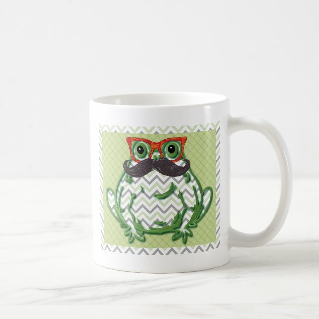 Frosch mit Schnurrbart- und Fischgläsern durch Kaffeetasse (Rechts)
