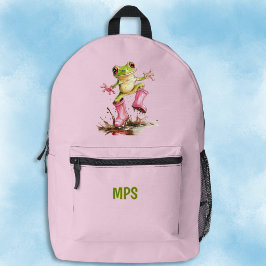 Frosch mit süßen rosa Stiefeln in Pfütze Monogramm Bedruckter Rucksack