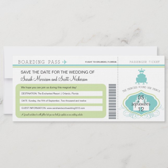 Frosch Prince Save the Date Boarding Pass (Vorderseite)
