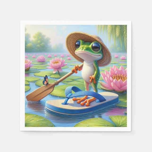 Frosch schwimmend auf einer Drehend Flop Serviette (Vorderseite)