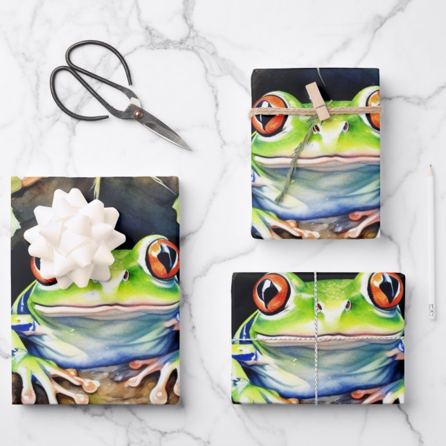 Frosch sitzend auf Wasserfarbenlily Pad Geschenkpapier Set (Vorderseite)