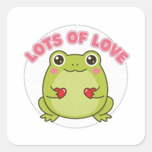 Frosch-Sticker 'Viel Liebe' Süßer Frosch hält Herz Quadratischer Aufkleber