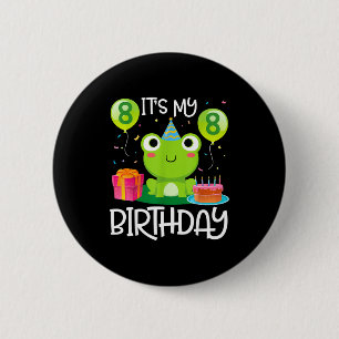 Frosch tanzt Luftballons Kuchen glücklich 8 Jahre  Button