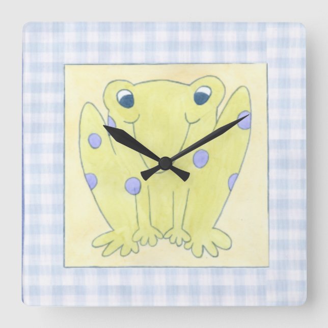 Frosch-Trio auf Gingham-Stoff Quadratische Wanduhr (Vorderseite)