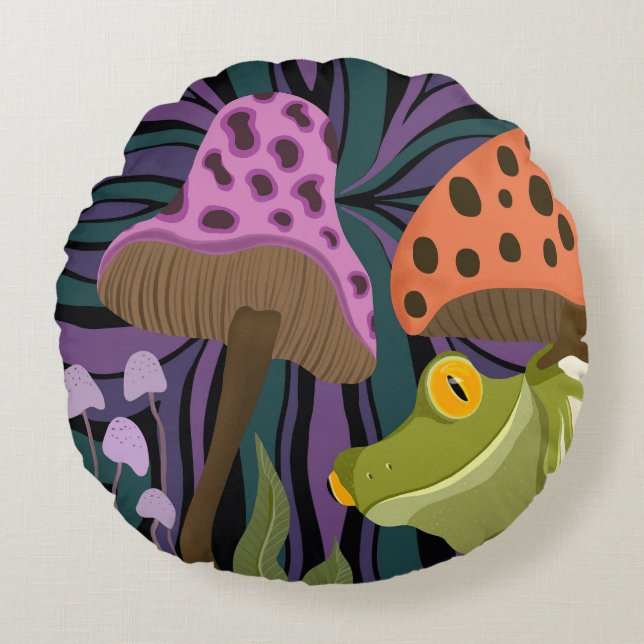 Frosch und Pilze Rundes Kissen (Vorderseite)