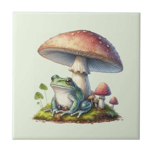Frosch unter einem Pilz Süße Natur Fliese (Vorderseite)