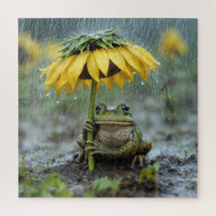 Frosch unter einem Sonnenblumenschirm im Regen Puzzle