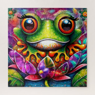 Frosch Whimsical Abstrakte Malerei Kunst Blumengrü Puzzle