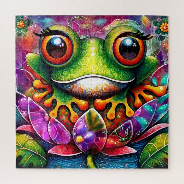 Frosch Whimsical Abstrakte Malerei Kunst Blumengrü Puzzle (Vertikal)