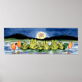 Frösche auf dem Lily Pad Pond Watching Moon Poster