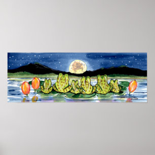 Frösche auf dem Lily Pad Pond Watching Moon Poster