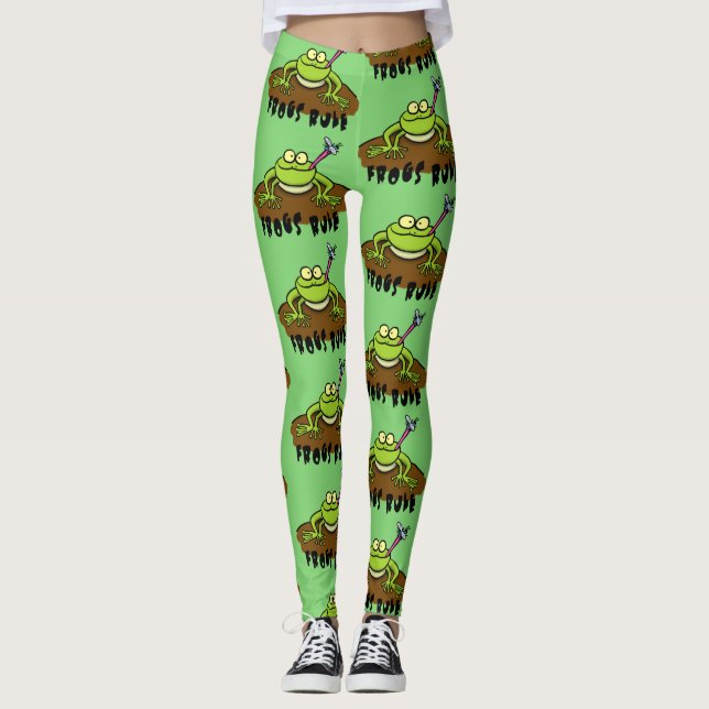 Frösche herrschen lustig-grüner Frosch-Cartoon Leggings (Vorderseite)