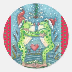 FRÖSCHE KÜSSEN, LIBELLEN-MISTEL-WEIHNACHTS-AUFKLEB RUNDER AUFKLEBER