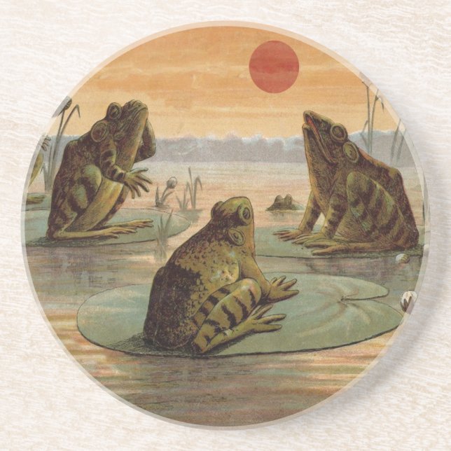 Frösche Lily Pads Moon Illustration Sandstein Untersetzer (Vorne)
