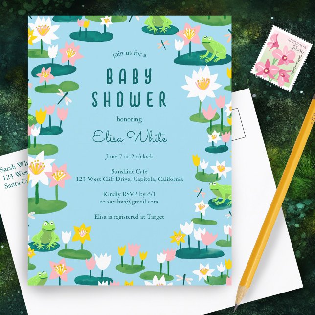 Frösche und Lilienpolster Niedliche BABYDUSCHE Einladungspostkarte (Frogs and Lily Pads Cute CUSTOM BABY SHOWER Invitation Postcard
)