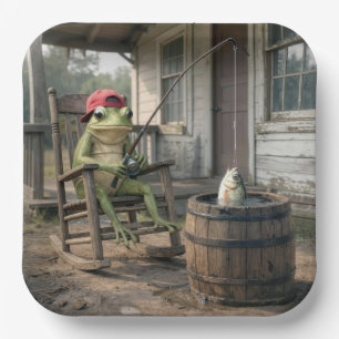 Froschfischen in einem Whiskeyfass Pappteller