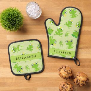 Froschmuster, grüne Frösche, Froschprinz, Ihr Name Ofenhandschuh & Topflappen-Set