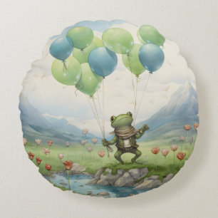 Froschtal-Ballons und Blumen Rundes Kissen
