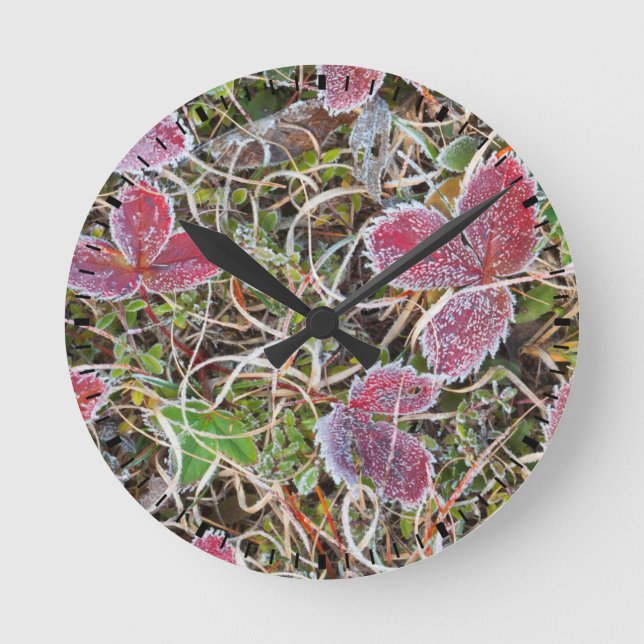 Frostbedeckte Blätter, Kanada Runde Wanduhr (Vorderseite)