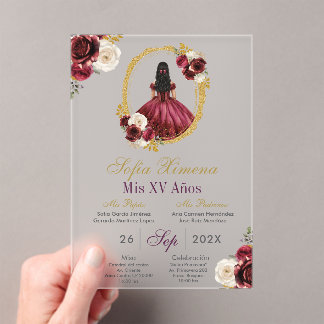 Frosted Acrylic Kirschrot Quinceañera Einladung