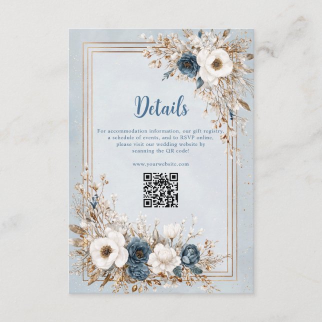 Frosted Bloom Dusty Blue and Gold Wedding Begleitkarte (Vorderseite)