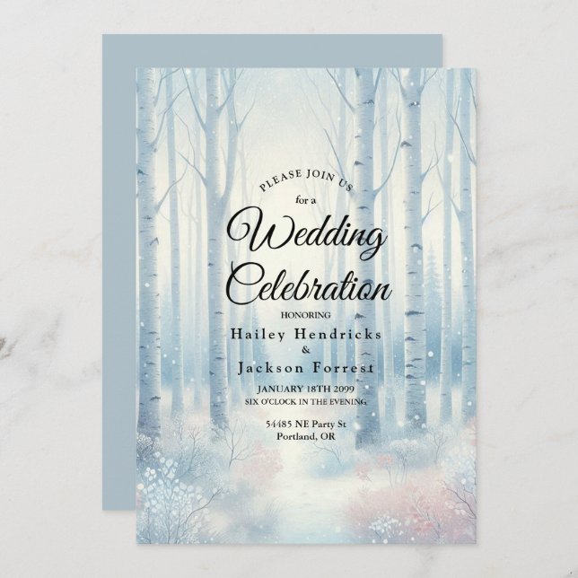 Frosted Blue Birch Forest Wedding Einladung (Vorne/Hinten)