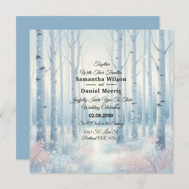 Frosted Blue Birch Forest Wedding Einladung (Vorne/Hinten)