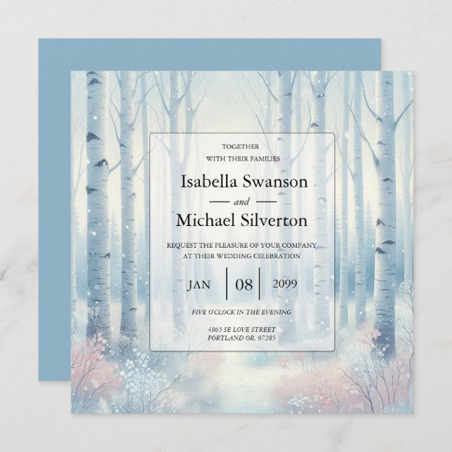 Frosted Blue Birch Forest Wedding Einladung (Vorne/Hinten)