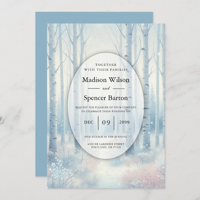 Frosted Blue Birch Forest Wedding Einladung (Vorne/Hinten)