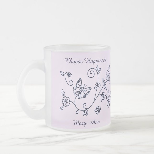 Frosted Glass Pink Butterfly Mug Mattglastasse (Links)