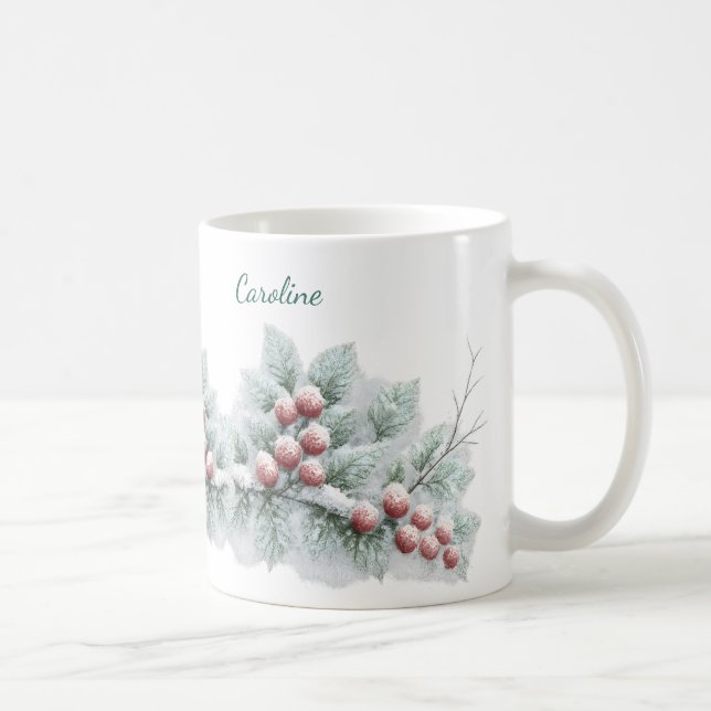Frosted Winter Berry and Spruce Botanical Holiday Kaffeetasse (Rechts)