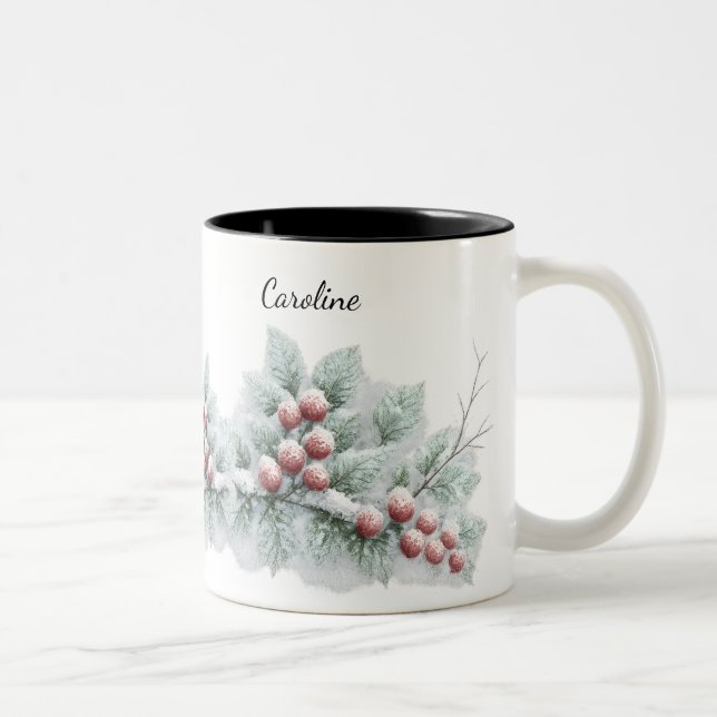 Frosted Winter Berry and Spruce Botanical Holiday  Zweifarbige Tasse (Rechts)
