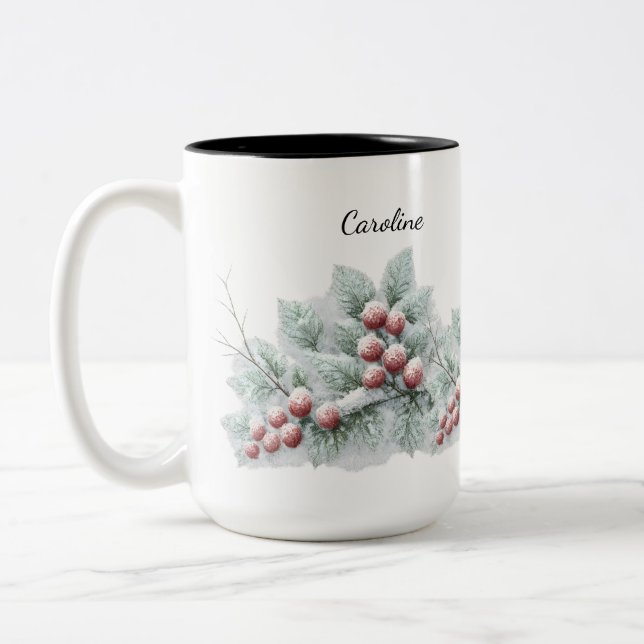Frosted Winter Berry and Spruce Botanical Holiday  Zweifarbige Tasse (Links)