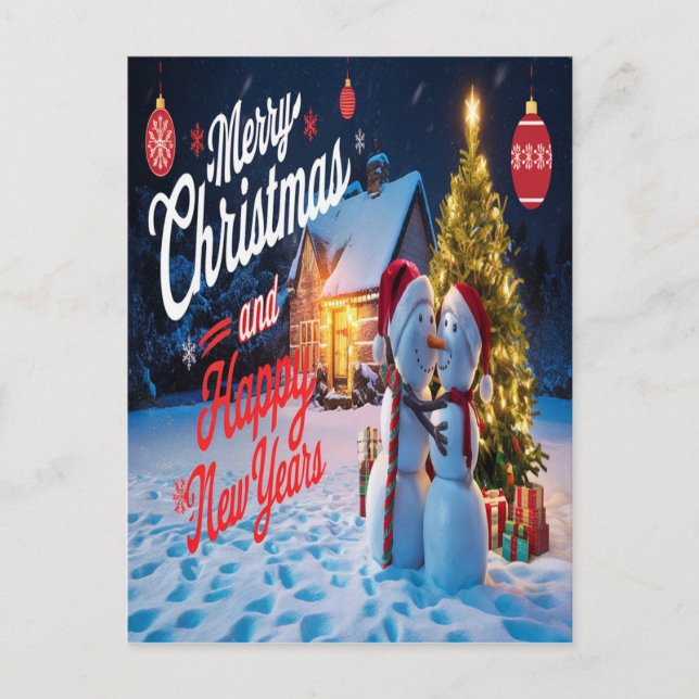 Frostige Freunde: Schneemann und Weihnachts-Baum-T Postkarte (Vorderseite)