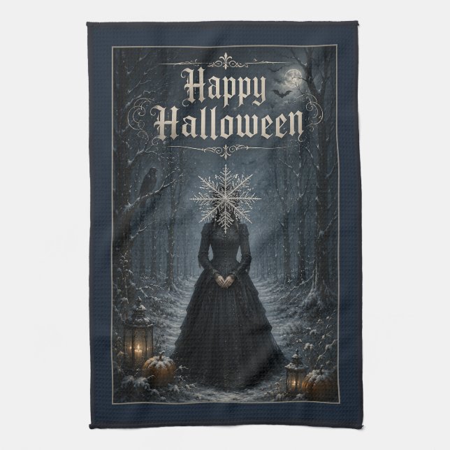 Frostige Mitternachts-Halloween-Verzauberin Geschirrtuch (Vertikal)