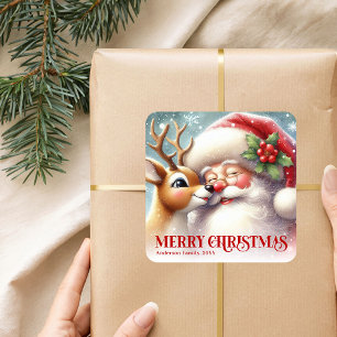 Frostige personalisierte Weihnachtsmann- und Rudol Quadratischer Aufkleber