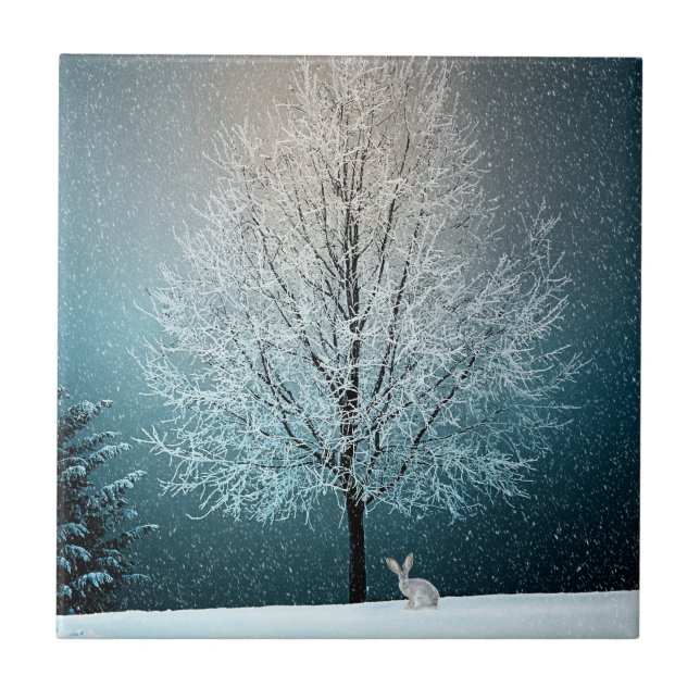 Frostiger Baum im Abend Fliese (Vorderseite)