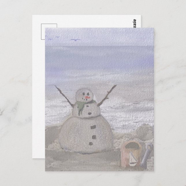 Frostiger Schneemann am Strand Postkarte (Vorne/Hinten)