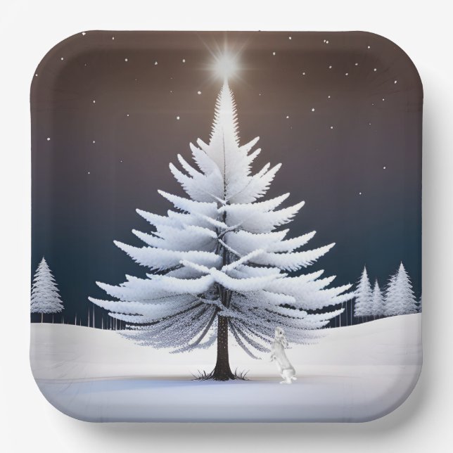 Frostiger Weihnachtsbaum mit sonniger Aussicht Pappteller (Vorderseite)